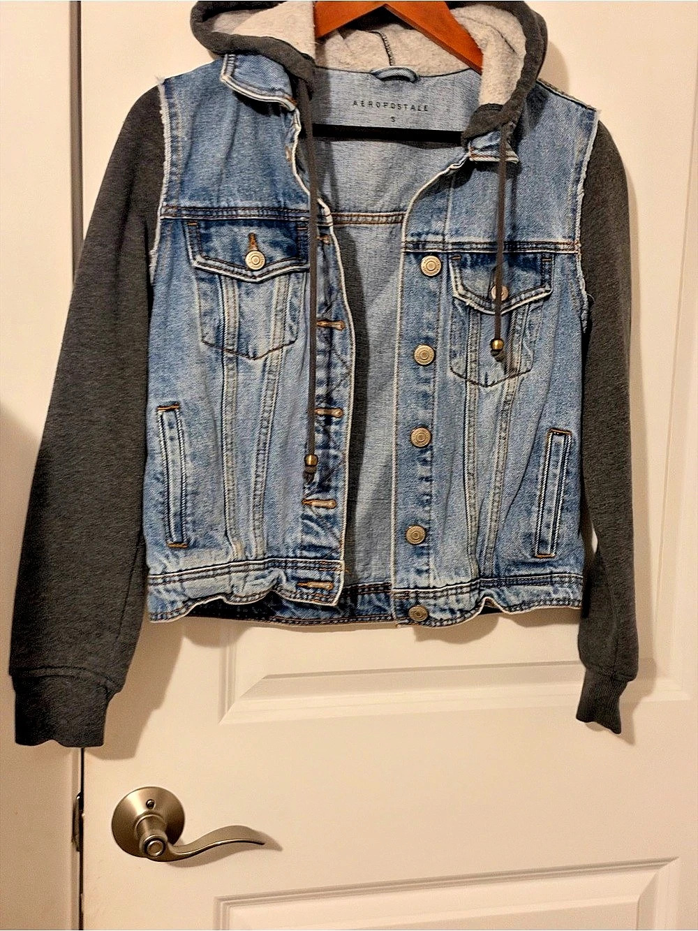 Aeropostale Hooded Denim Jacket with Fleece Sleeves Blue & Gray Small